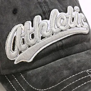 Vintage dark gray washed cotton baseball cap with white Athletic 3D embroidery detail