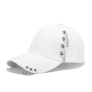 Street style white baseball cap with punk metal rings and hanging chain accessories