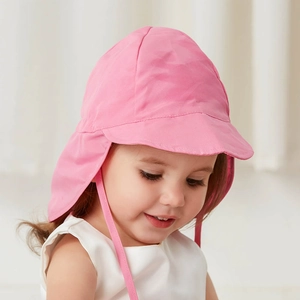 Pink kids sun hat with wide brim and neck flap protection for summer outdoor use
