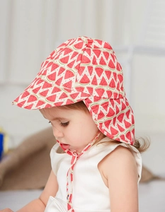 Detail of baby sun hat with red watermelon print and protective long neck flap