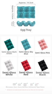 Detail of 6-grid ceramic egg tray in multiple colors with size and appliance compatibility