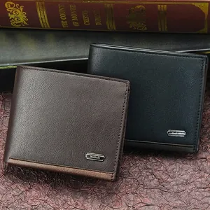 Men Short Wallet PU Leather Lychee Grain Contrast Color Multi Card Slots Coin Pocket Button Closure Business Casual Purse