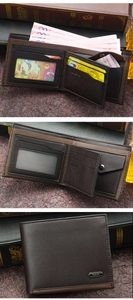 Deep brown litchi pattern wallet showing internal card slots, photo window and coin pocket
