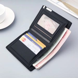Slim black leather bi-fold wallet for men with card slots and transparent photo window