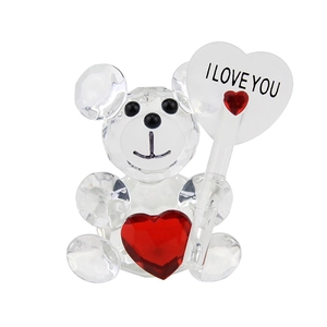 Crystal teddy bear figurine with a red heart and I LOVE YOU sign for home decor