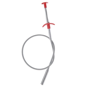 Flexible spring drain clog remover tool with red handle and four-claw metal grabber