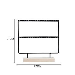 Black metal jewelry organizer stand with wood base for earring display 27x27cm