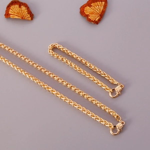 Golden wheat-patterned curb chain necklace and bracelet set with lobster clasp closure