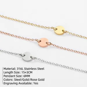 Minimalist 316L stainless steel adjustable round charm bracelet set in three colors