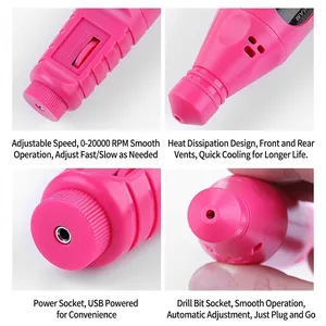 Portable pink electric nail drill with 20,000 RPM speed control and USB charging port