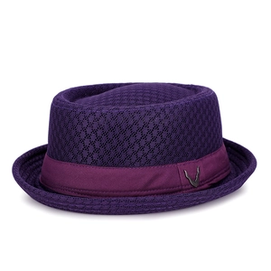 Purple breathable mesh flat brim jazz fedora hat with elegant purple ribbon and V metal logo