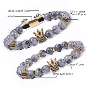 8mm natural map stone beaded bracelet with golden copper crown and micro-inlaid zircon detail