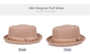 Front and side views of breathable mesh fedora with leather band and V-badge