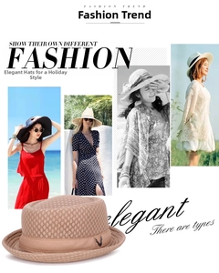 Detail of khaki breathable mesh fedora with decorative fabric band and metallic V hardware