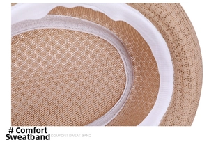 Detail of breathable straw fedora hat featuring a comfortable white inner sweatband