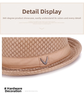 Detail showing breathable mesh texture and V-shaped metal buckle on khaki jazz hat