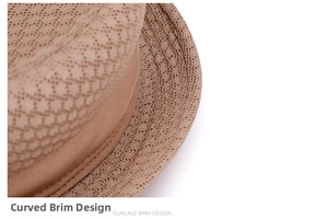 Close-up detail of the breathable woven mesh and rolled brim design on a jazz fedora hat