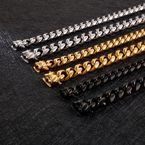 Men's 11mm stainless steel Cuban link bracelet in gold, silver, and black finishes