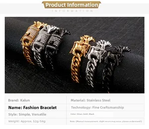 Three colors of men's stainless steel Cuban bracelets with rhinestone clasps on display