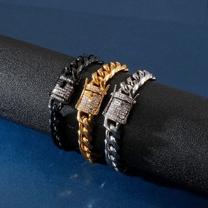 Men's Stainless Steel Cuban Link Bracelet Hip Hop Rhinestone Iced Out Curb Chain Jewelry Punk Streetwear Accessory