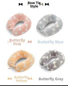 Collage of memory foam U-shaped pillows with bow patterns in four different colors