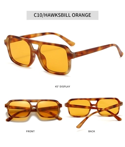 Detail view of tortoiseshell frame and orange lenses for retro square sunglasses