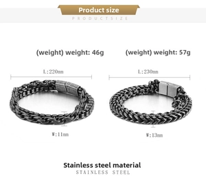 Size chart for double-layer stainless steel bracelets showing dimensions and weight