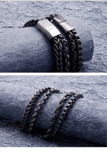 Detail of vintage silver and gunblack titanium steel double-layer braided bracelet for men