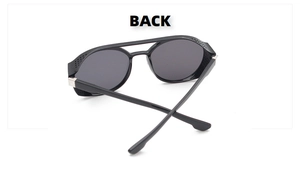 Rückansicht der Steampunk-Sonnenbrille mit schwarzen Rundrahmen und Seitenschutz