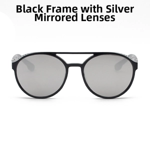 Steampunk Rund-Sonnenbrille mit schwarzem Rahmen, silbernen Spiegelgläsern und Doppelsteg
