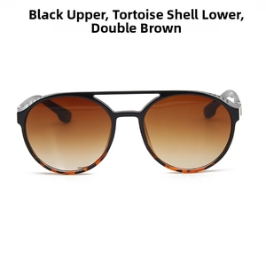 Detailansicht der Zweistrahls-Sonnenbrille mit schwarz-schildpatt Rahmen und braunem Verlauf