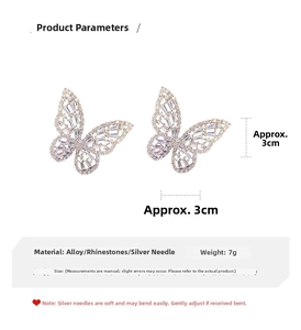Detailed view of butterfly rhinestone earrings with S925 silver needles and dimensions