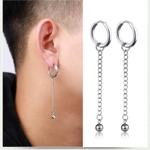Detail of silver tassel chain earrings with smooth polished beads and hoop hanging hooks