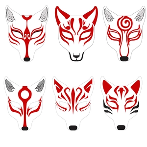 DIY hand-painted Japanese anime kitsune masks in six different red and white patterns