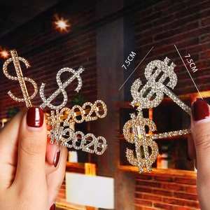 Minimalist rhinestone hair clips with $ and 2020 symbols in gold and silver finish