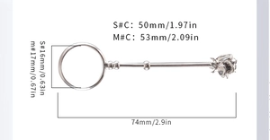 Size guide for rose cigarette holder ring showing S/M diameters and length in mm/in
