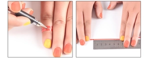Detailed measurement guide for finger size showing ruler and marking tape method