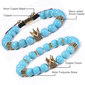Natural turquoise beaded bracelet with gold crown accent and micro-pave zircon charms