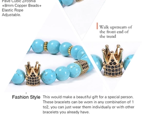 Macro detail of natural turquoise beaded bracelet featuring a micro-pave zircon crown