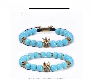 Detail of 8mm turquoise bead bracelets with gold zircon crown charms and dimensions