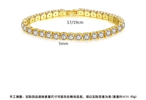 Detailed view of gold tennis bracelet showing 5mm width and 17cm or 19cm length options
