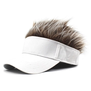 Close-up of white cotton visor cap featuring dense grey faux hair wig on the top