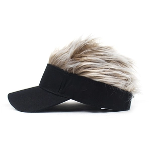Side view of black sun visor with light brown synthetic wig hair for fun golf styling