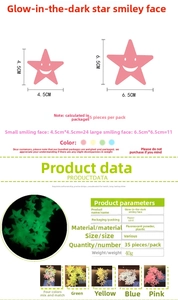 Detailed chart for glow in the dark star stickers in two sizes with product specifications