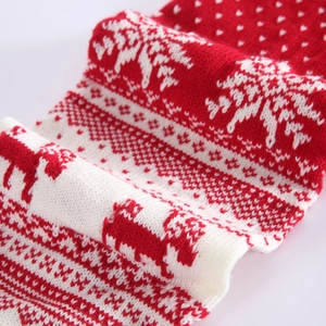 Thick knitted Christmas scarf with red and white Fair Isle reindeer and heart patterns