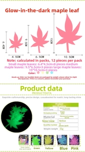 Size chart for glow in the dark leaf wall stickers with materials and specifications