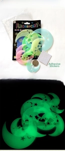 Detailed view of moon-shaped glow-in-the-dark wall stickers with adhesive dots for room decor