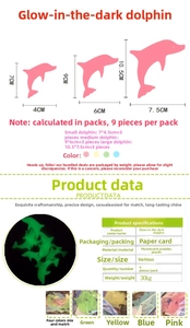 Detailed size specifications for glow-in-the-dark dolphin wall stickers in assorted colors