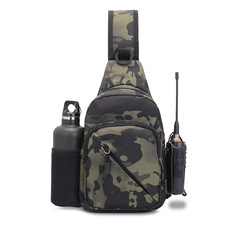 Macro view of camouflage tactical waist bag with side pockets for water bottle and radio