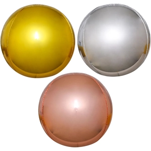 Detailed mirror finish of 4D round foil balloons in gold, silver, and rose gold colors